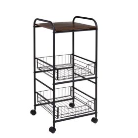 3-Tier Slim Rolling Cart With Metal Basket Drawers;  Black/Natural