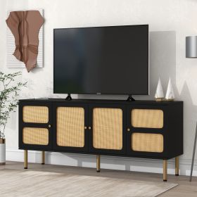 ON-TREND Boho style TV Stand with Rattan Door, Woven Media Console Table for TVs Up to 70'', Country Style Design Side Board with Gold Metal Base for