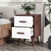 U-Can Square End Table Side Table with 2 Drawers Adorned with Embossed Patterns for Living Room, Hallway, Brown+White