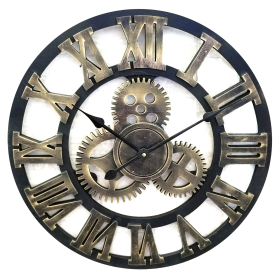 Westclox Large Gear Analog QA Wall Clock with Open Roman Numerals and Black and Gold Finish