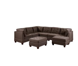 Contemporary Modular Sectional 8pc Set Living Room Furniture Corner L-Sectional Black Coffee Linen Like Fabric Tufted Nail heads 3x Corner Wedge 3x Ar