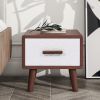 U-Can Square End Table with 1 Drawer Adorned with Embossed Patterns, Wood Legs and Handles for Living Room, Brown+White