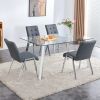 Table and chair set, 1 table with 4 grey chairs. Rectangular glass dining table with tempered glass tabletop and silver metal legs. Paired with armles