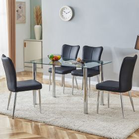 Table and chair set. 1 table and 4 black chairs. The thickness of the glass dining table top is 0.3 feet, with silver metal legs. Black PU leather bac