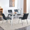 Table and chair set, 1 table with 4 black chairs. Rectangular glass dining table with tempered glass tabletop and silver metal legs. Paired with armle