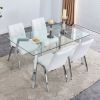 Table and chair set, 1 table with 4 white chairs. Rectangular glass dining table with tempered glass tabletop and silver metal legs. Paired with armle