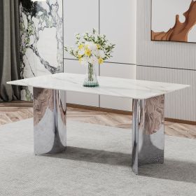 Modern minimalist dining table. White imitation marble glass sticker desktop, stainless steel legs, stable and beautiful. Suitable for living room and