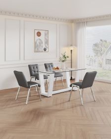 Table and chair set, rectangular dining table, equipped with 0.4 "tempered glass tabletop and white MDF trapezoidal support, paired with lattice armle