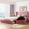 Upholstered Platform Bed Queen Size Storage Velvet Bed with Wingback Headboard and 1 Big Drawer,2 Side Storage Stool(Pink)