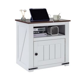 Farmhouse End Table Square Night Stand with USB Ports and Outlets White