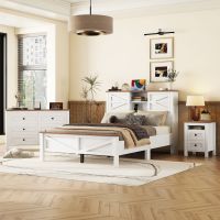 3-Pieces Bedroom Sets Full Size Farmhouse Platform Bed with Double Sliding Door Storage Headboard and Charging Station, Storage Nightstand and Dresser 3-Pieces Bedroom Sets Full Size Farmhouse Platform Bed with Double Sliding Door Storage Headboard and Charging Station, Storage Nightstand and Dresser