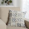 18 x 18 Square Cotton Accent Throw Pillow, Fluffy Fringes, Soft Block Print Raised Pattern, Cream, Blue