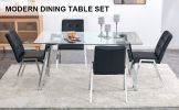 Table and chair set, 1 table with 4 black chairs. Rectangular glass dining table with tempered glass tabletop and silver metal legs. Paired with armle