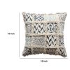 18 x 18 Square Cotton Accent Throw Pillow, Fluffy Fringes, Soft Block Print Raised Pattern, Cream, Blue