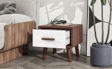 U-Can Square End Table with 1 Drawer Adorned with Embossed Patterns, Wood Legs and Handles for Living Room, Brown+White