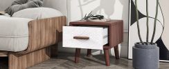 U-Can Square End Table with 1 Drawer Adorned with Embossed Patterns, Wood Legs and Handles for Living Room, Brown+White