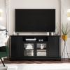 U-Can TV Stand for TV up to 65in with 2 Tempered Glass Doors Adjustable Panels Open Style Cabinet, Sideboard for Living room, Black