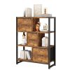 4-layer bookshelf with 3 high legs, particle board, iron frame, non-woven fabric, 80*30*103cm, black iron parts, black wood grain storage box, retro b