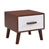 U-Can Square End Table with 1 Drawer Adorned with Embossed Patterns, Wood Legs and Handles for Living Room, Brown+White