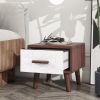 U-Can Square End Table with 1 Drawer Adorned with Embossed Patterns, Wood Legs and Handles for Living Room, Brown+White