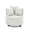 Velvet Upholstered Swivel Chair for Living Room, with Button Tufted Design and Movable Wheels, Including 3 Pillows, Beige