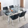 Table and chair set, 1 table with 4 black chairs. Rectangular glass dining table with tempered glass tabletop and silver metal legs. Paired with armle