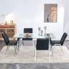 Table and chair set, 1 table with 4 black chairs. Rectangular glass dining table with tempered glass tabletop and silver metal legs. Paired with armle