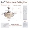 42 Inches Crystal Ceiling Fan Silver Crystal Ceiling Fan Chandelier with Remote 6 Speeds 3 Colors Changes Lighting Fixture, 3 Blades Retractable Fans