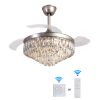 42 Inches Crystal Ceiling Fan Silver Crystal Ceiling Fan Chandelier with Remote 6 Speeds 3 Colors Changes Lighting Fixture, 3 Blades Retractable Fans