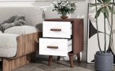 U-Can Square End Table Side Table with 2 Drawers Adorned with Embossed Patterns for Living Room, Hallway, Brown+White