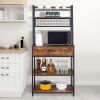 5-Tier Kitchen Bakers Rack with 10 S-Shaped Hooks and 1 drawer ; Industrial Microwave Oven Stand; Free Standing Kitchen Utility Cart Storage Shelf Org