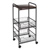 3-Tier Slim Rolling Cart With Metal Basket Drawers;  Black/Natural