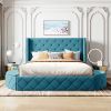 Upholstered Platform Bed Queen Size Storage Velvet Bed with Wingback Headboard and 1 Big Drawer,2 Side Storage Stool(Blue)