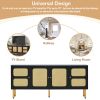 ON-TREND Boho style TV Stand with Rattan Door, Woven Media Console Table for TVs Up to 70'', Country Style Design Side Board with Gold Metal Base for