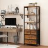 6 layers with 3 drawers bookshelf, particle board iron frame non-woven fabric, 60*35*174cm black iron parts black wood grain storage box retro, brown