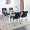 Table and chair set, 1 table with 4 black chairs. Rectangular glass dining table with tempered glass tabletop and silver metal legs. Paired with armle