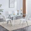 Table and chair set, 1 table with 4 white chairs. Rectangular glass dining table with tempered glass tabletop and silver metal legs. Paired with armle