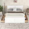 Queen Size Wooden Platform Bed with Four Storage Drawers and Support Legs, White