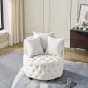 Velvet Upholstered Swivel Chair for Living Room, with Button Tufted Design and Movable Wheels, Including 3 Pillows, Beige