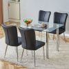 Table and chair set. 1 table and 4 black chairs. The thickness of the glass dining table top is 0.3 feet, with silver metal legs. Black PU leather bac