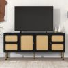 ON-TREND Boho style TV Stand with Rattan Door, Woven Media Console Table for TVs Up to 70'', Country Style Design Side Board with Gold Metal Base for