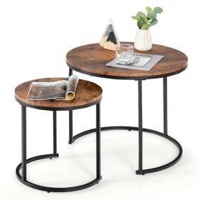 Set of 2 Modern Round Stacking Nesting Coffee Tables (Color: Rustic Brown)