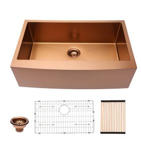 Lordear Gold Farmhouse Sink 16 Gauge Kitchen Sink Apron Front Single Bowl Rose Gold Stainless Steel Sink (Color: Rose Gold, size: 33)