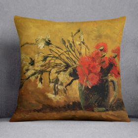 Vase with Red and White Carnations on Yellow Background by Van Gogh Cushion (Insert: Without Insert, size: 18" X 18")