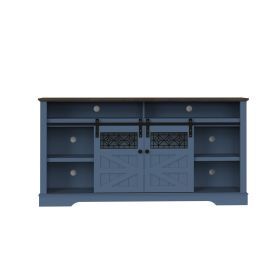 Farmhouse TV Stand with Sliding Barn Door & Drawer, 65" Rustic Entertainment Center for TVs up to 65", Buffet Storage Cabinet for Living Room (Color: Blue)