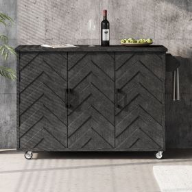 51.2"W 3D Wave Stripes Ash Veneer Kitchen Island with Drop Leaf, Farmhouse Kitchen Island on Wheels with Internal Storage Rack, Rolling Kitchen Cart (material: MDF,Pine, Color: Black)