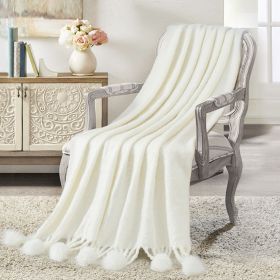 VERAMUSE Pom Pom Throw Blanket for Couch 50"X60" Farmhouse Blankets for Bed and Sofa (Color: White)