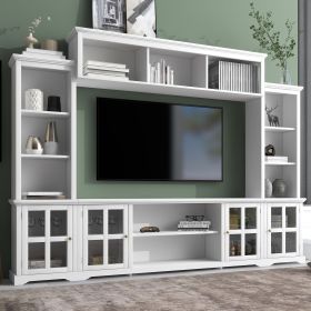 ON-TREND Minimalism Style Entertainment Wall Unit with Bridge, Modern TV Console Table for TVs Up to 70", Multifunctional TV Stand with Tempered Glass (Color: as Pic)