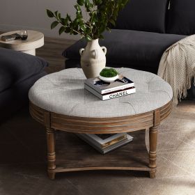 Large Round WaterProof Ottoman Coffee Table 2 Tier Oversized Button Tufted Ottoman with Wooden Shelf Storage Farmhouse Upholstered Coffee Table Living (Color: as Pic)