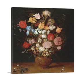 Still Life With Tulips Irises Narcissi And Fritillaria In a Clay Vase (Type: Standard Framed Canvas Print, size: 36" x 36" / 90cm x 90cm (approx))